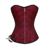 Red Brocade With Front Zipper Double Bone Overbust Corset
